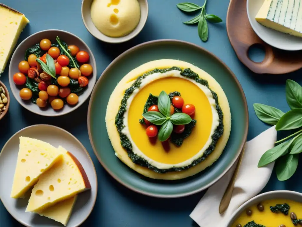 Un festín de receta tradicional polenta italiana: set de mesa rústico con platos tradicionales italianos llenos de sabor del norte de Italia