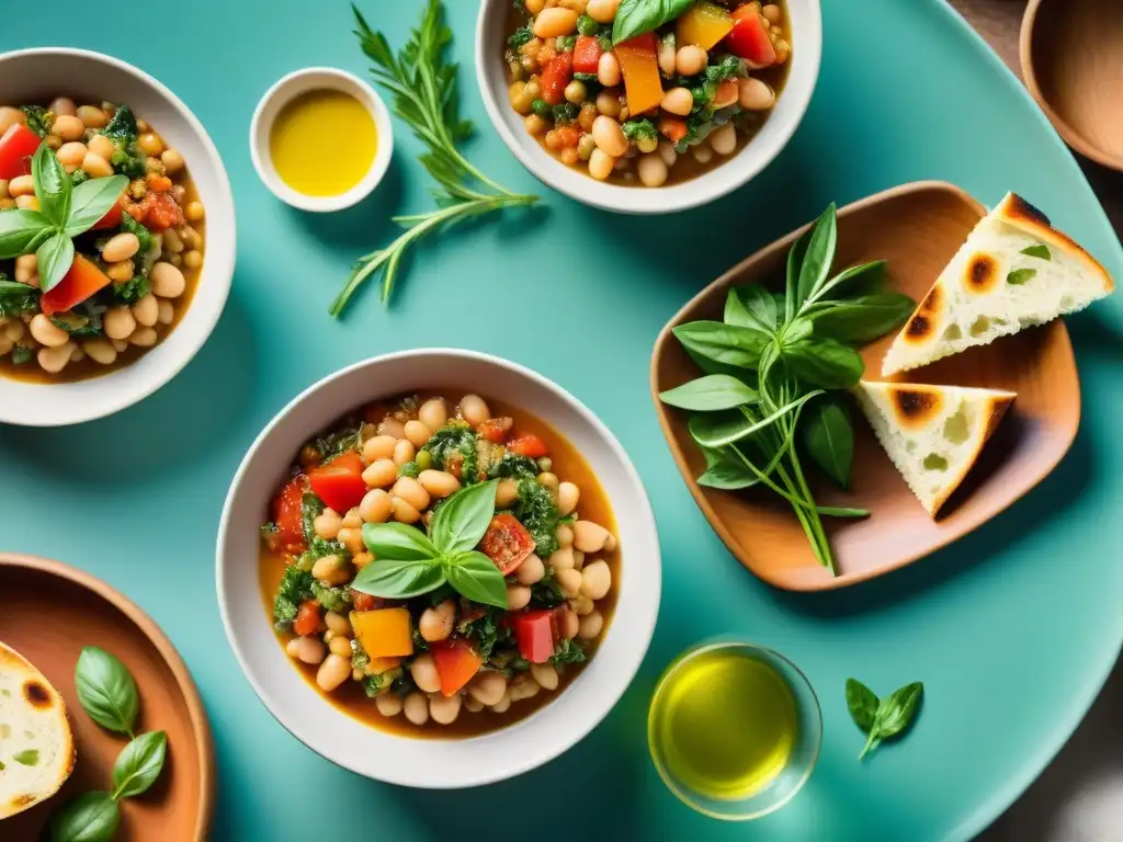 Un festín de recetas de legumbres italianas saludables en platos coloridos, en una cocina tradicional italiana