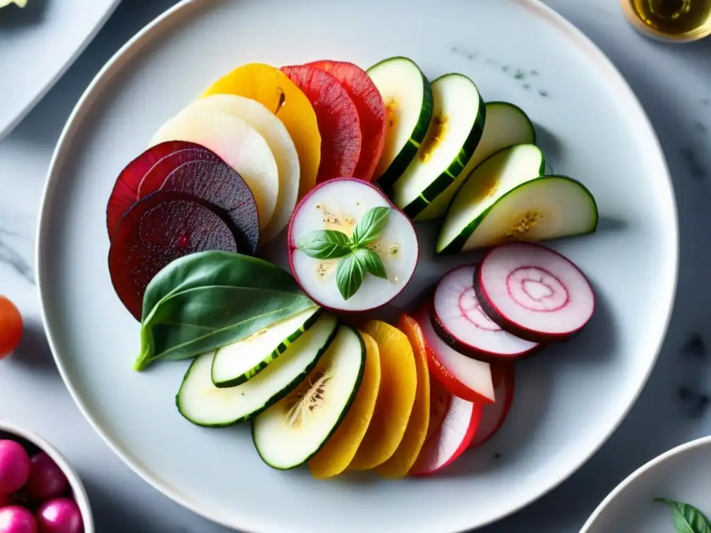 Carpaccio vegano: explosión de color en cada rebanada Un festín vegano: finas rodajas de vegetales coloridos en un plato blanco, una innovación vegana en Carpaccio italiano