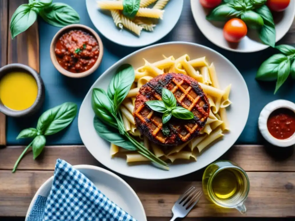 Un festín vegano italiano en una mesa rústica, con platos coloridos de pasta y verduras asadas