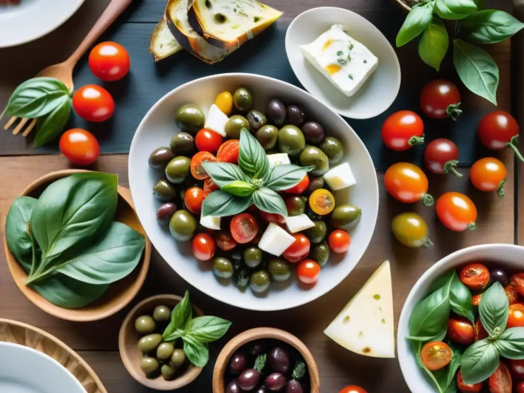 Un festín de antipasti vegetarianos de cocina italiana, colorido y vibrante, en una mesa de madera, bañado por luz natural