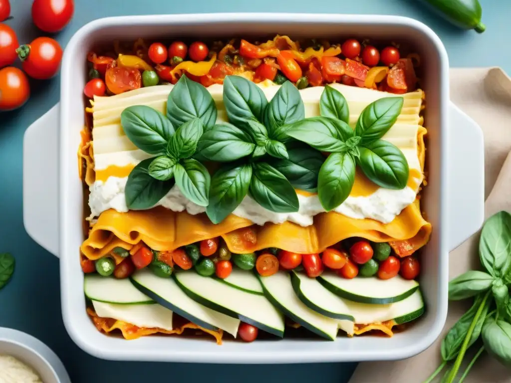 Un festín visual de capas de verduras vibrantes en una fuente, mostrando la receta lasaña vegetariana saludable