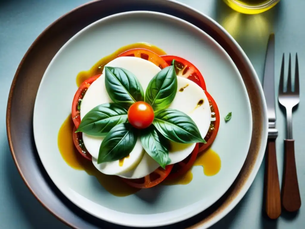 Un festín visual de una ensalada Caprese vibrante, resaltando los beneficios antioxidantes de la cocina italiana