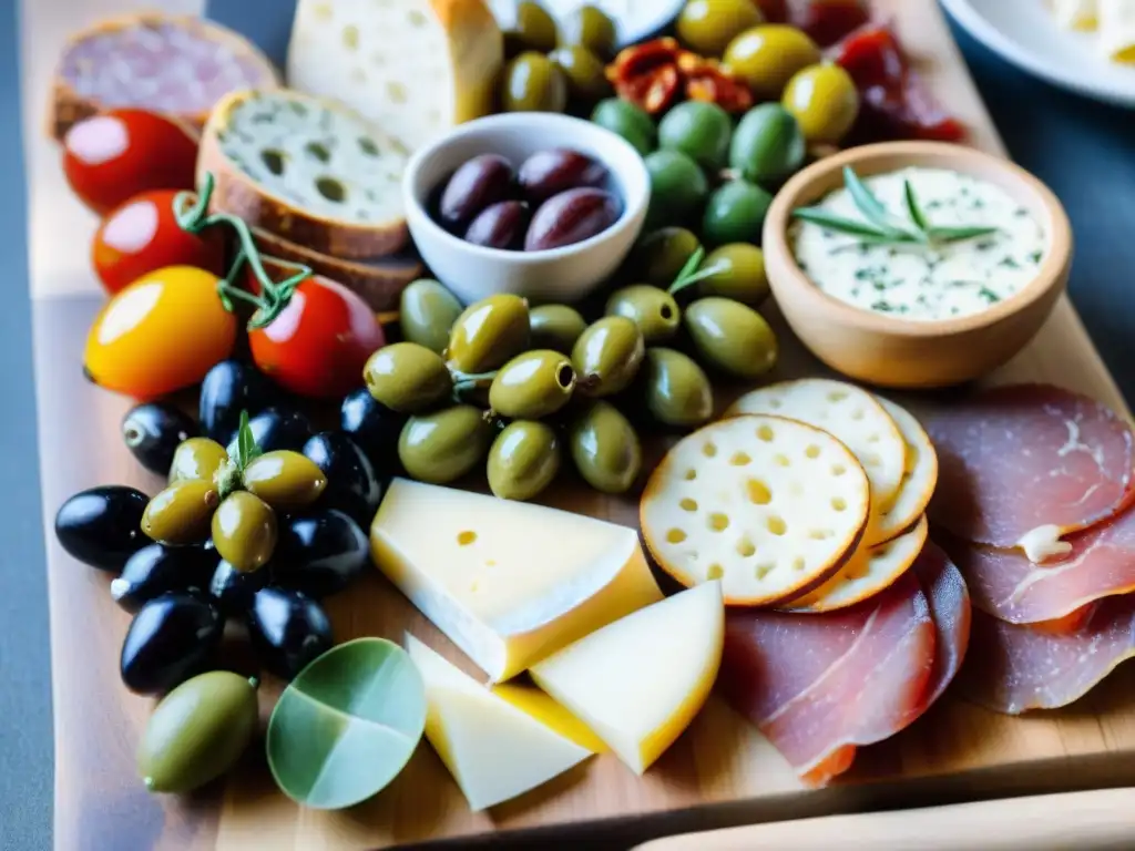 Un festín visual de antipasti italianos tradicionales y modernos en una tabla rústica de madera