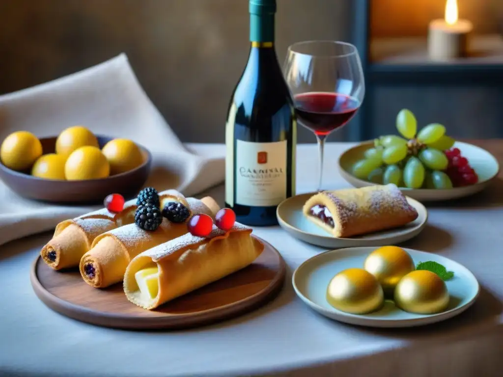 Un festín visual de maridajes vinos cocina italiana tradicional con postres sicilianos y sardos en una mesa rústica
