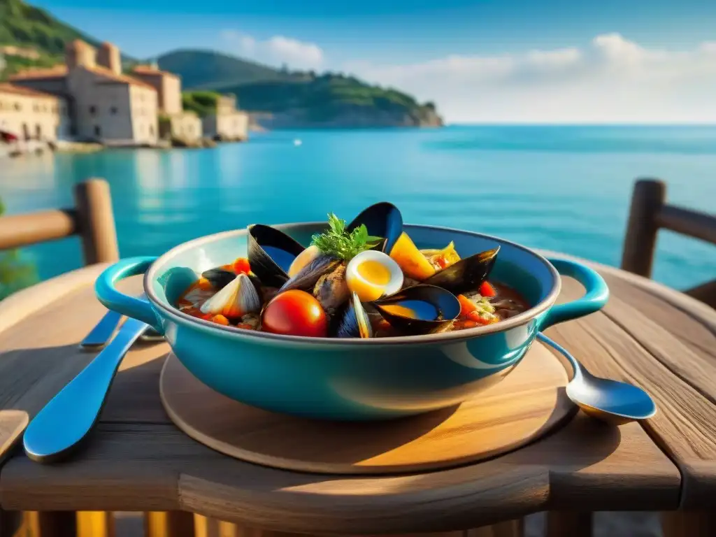 Un festín visual de sabor auténtico Cacciucco Livornese en un rústico restaurante junto al mar en la costa de la Toscana