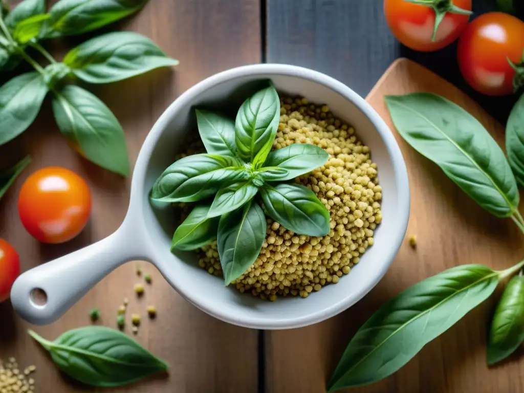 Un festín visual: semillas de fenogreco trituradas, hojas de albahaca, tomates y aceite de oliva sobre encimera de madera