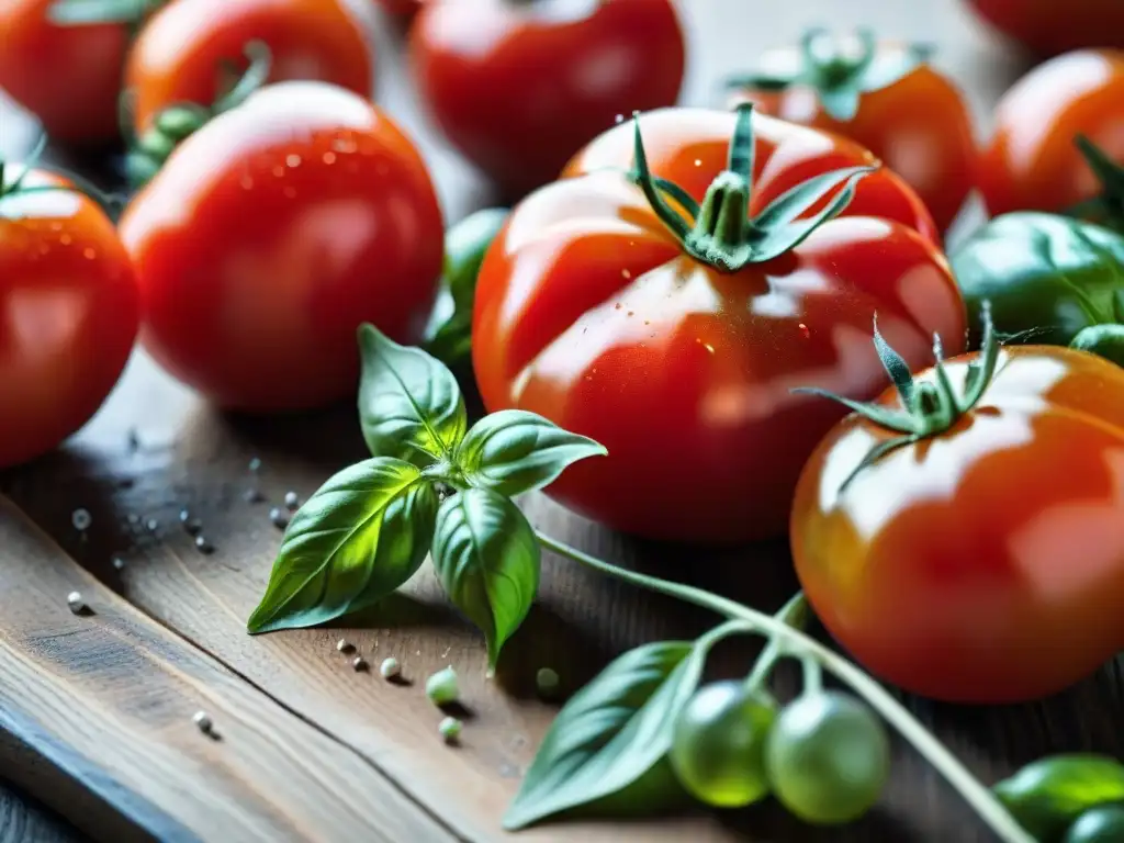 Un festín visual: tomates maduros de colores vibrantes, alrededor de hojas de albahaca fresca, bulbos de ajo y un libro de cocina italiano vintage