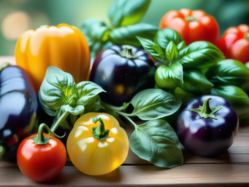 Un festín visual de verduras italianas para alimentación consciente, frescas y coloridas, bañadas por la cálida luz del sol