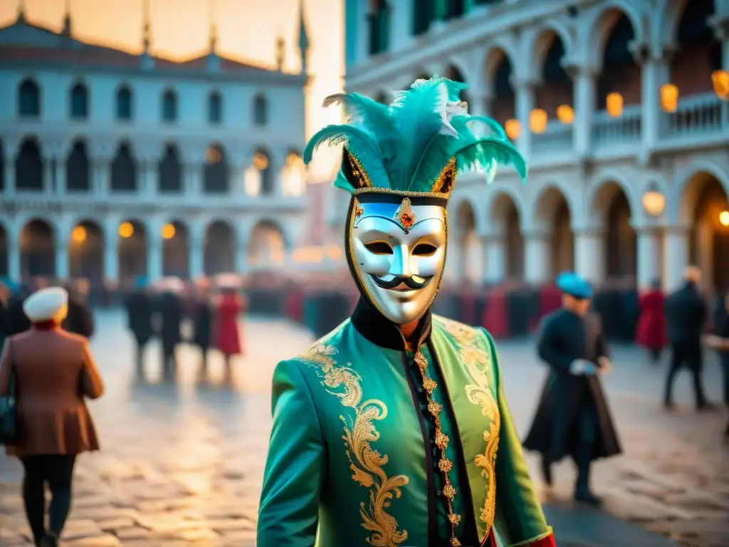 Festiva calle de Venecia durante el Carnevale, con máscaras y disfraces coloridos, celebraciones alegres y arquitectura histórica de fondo