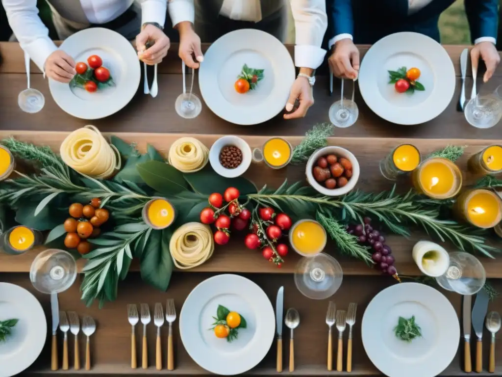 Una festiva mesa de boda italiana con exquisitos platos, flores y velas