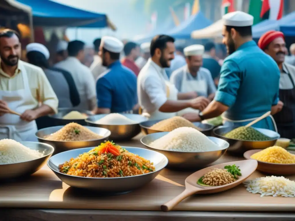 Festival de arroces en Italia: escena bulliciosa con coloridos puestos de comida y chefs preparando risotto bajo el sol italiano