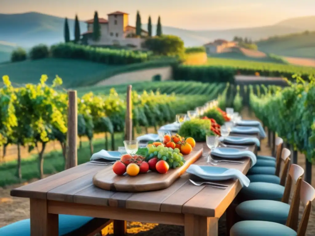 Festival de Agroturismo Italiano al Atardecer Festival agroturismo en Italia al atardecer con mesa llena de productos locales y visitantes disfrutando vino y aceite de oliva