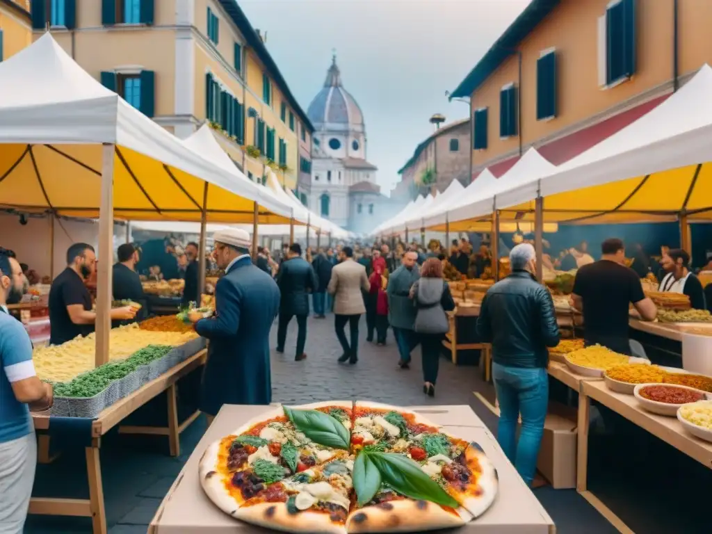 Deléitate en un festival de cocina italiana vegana con coloridos puestos de comida y vibrante ambiente comunitario