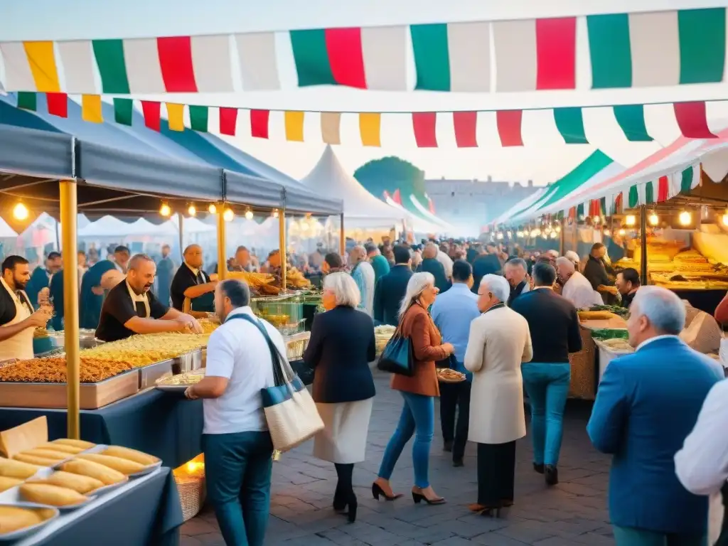 Festival de cocina italiana en vivo con puestos de comida coloridos y animado ambiente festivo