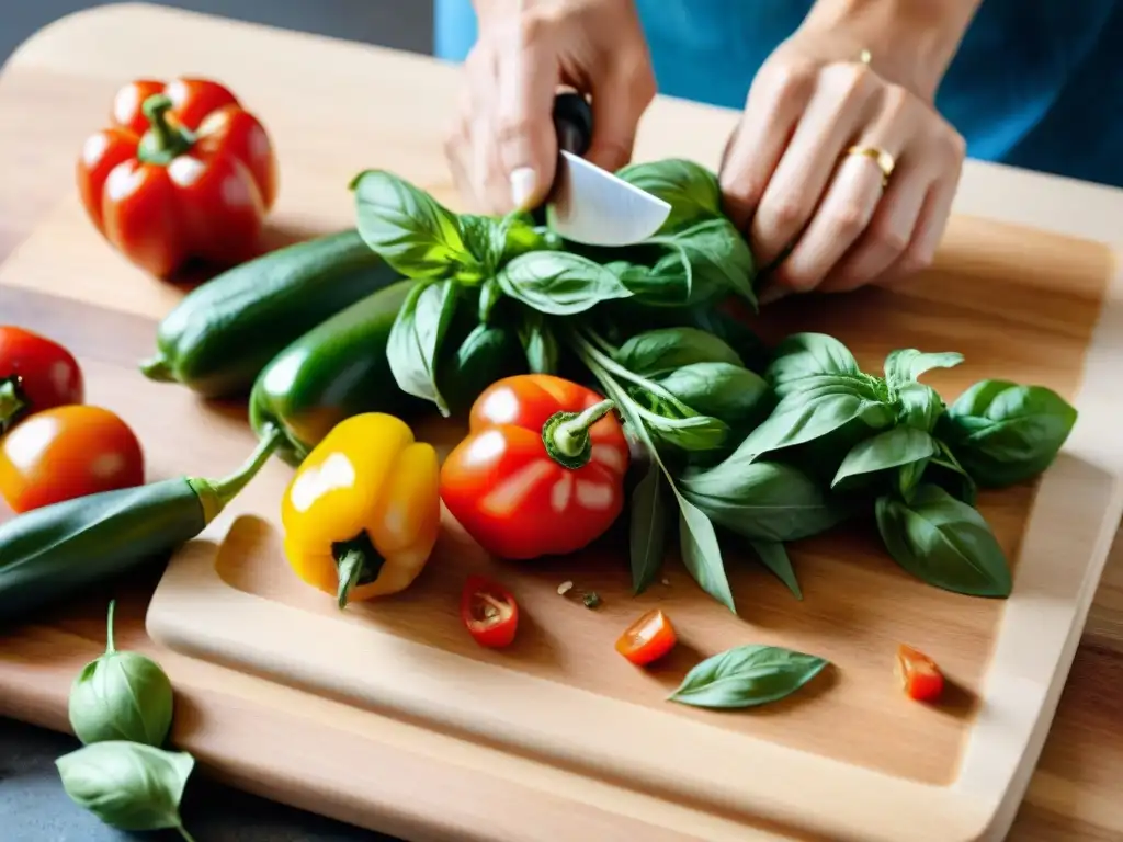 Un festival de colores y sabores italianos en una tabla de cortar de madera, mientras se preparan ingredientes frescos y saludables