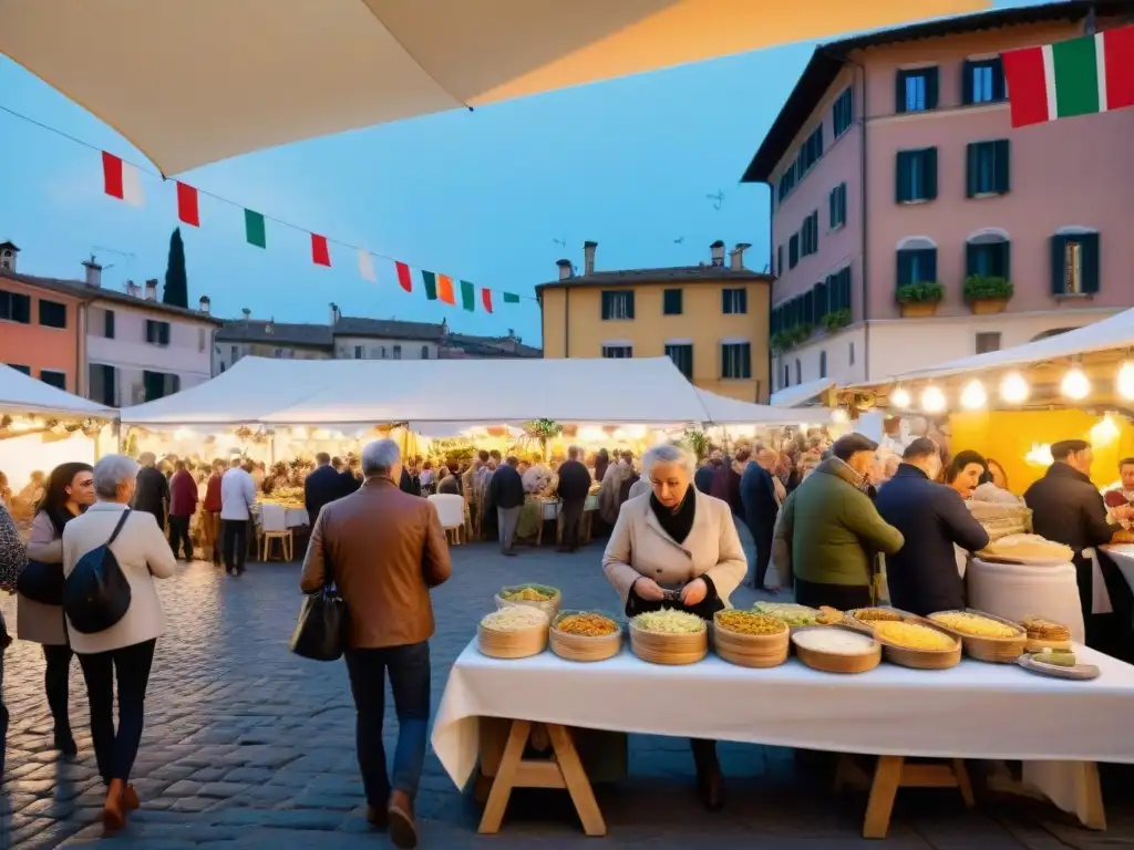 Festival de comida italiana en una animada plaza: puestos coloridos, música en vivo y ambiente festivo bajo banderas