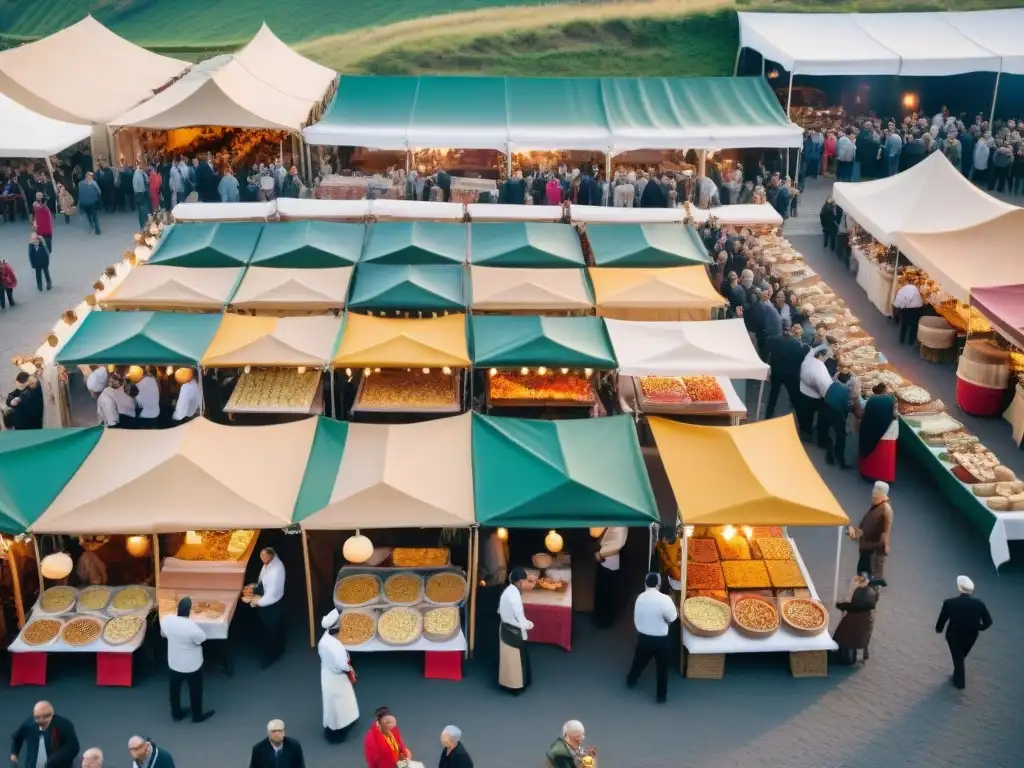 Festival de comida italiana con coloridos puestos de pasta, pizza y gelato, gente disfrutando y arquitectura italiana en Italia