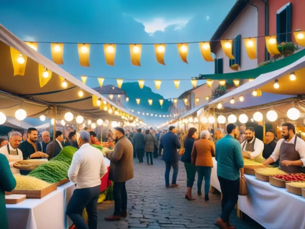 Festival de comida italiana con puestos de mercado coloridos y chefs preparando platos, ambiente festivo con luces y banderas