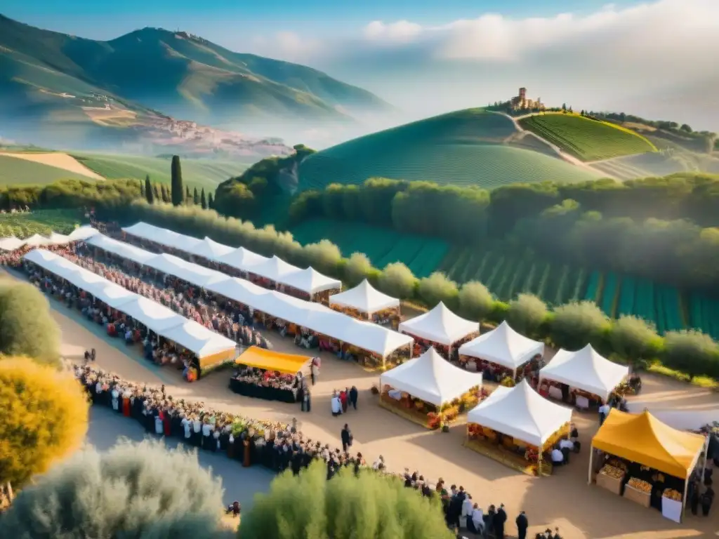 Un festival de comida italiana sostenible: coloridos puestos, chefs locales, visitantes disfrutando bajo el sol mediterráneo