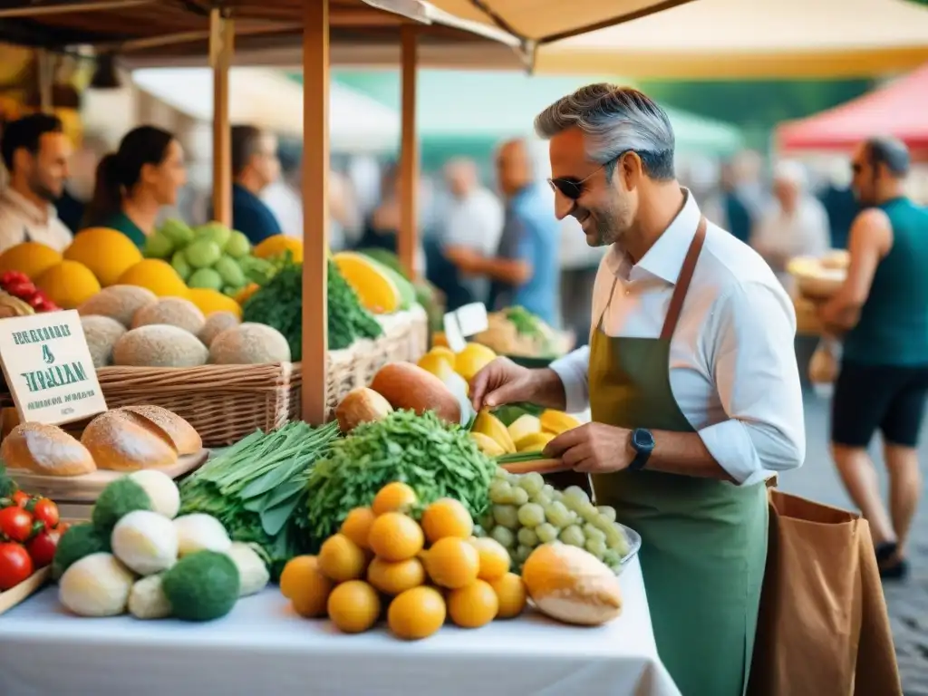 Festival culinario italiano en un mercado vibrante y bullicioso, lleno de colores y sabores de temporada