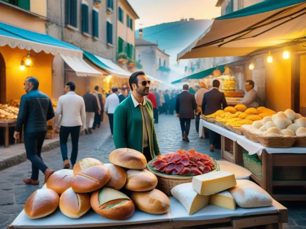 Festival gastronómico en Sicilia: coloridos puestos de comida, locales entusiastas y turistas disfrutando de delicias locales al atardecer