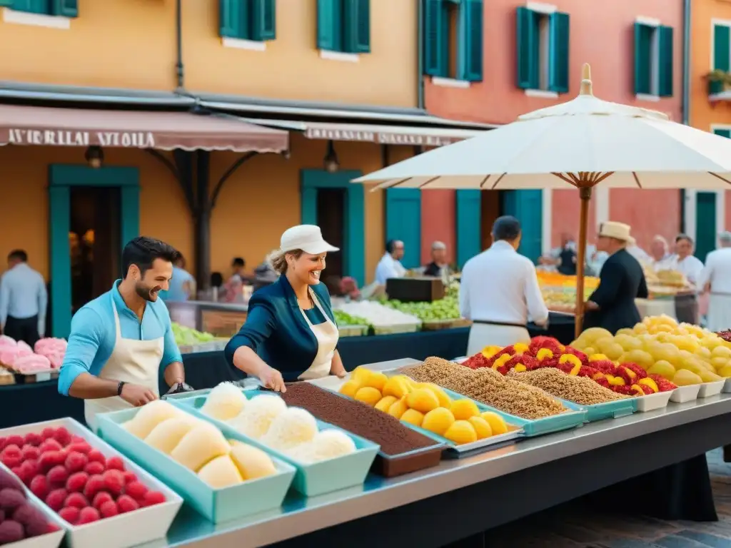 Festival de gelato italiano tradicional en animada plaza con carritos coloridos y vendedores ataviados