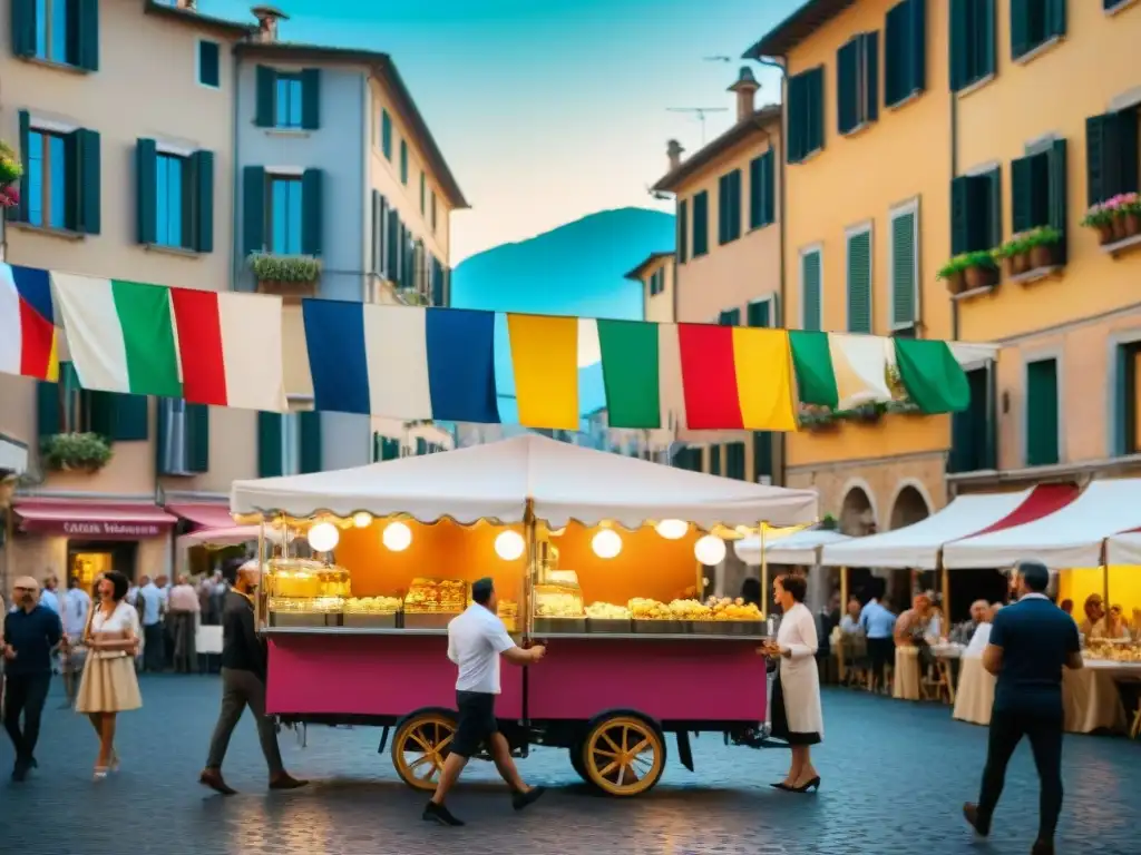 Festival de gelato italiano: calle vibrante con carros de gelato y gente probando sabores, entretenedores y arquitectura histórica