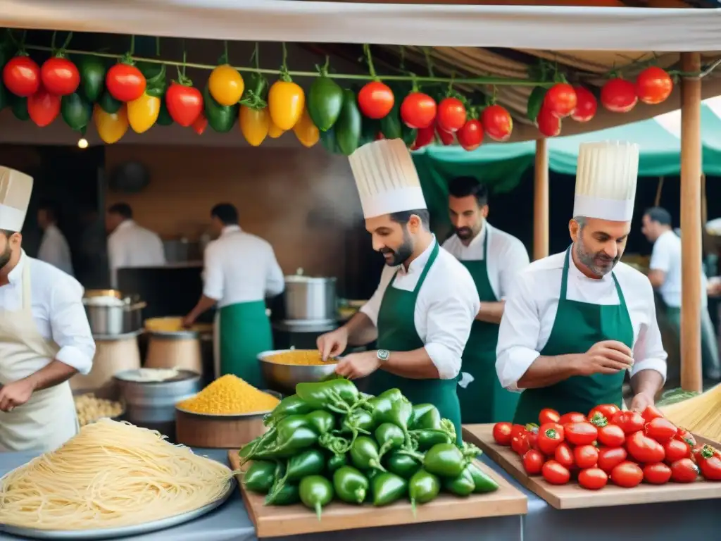 Un festival italiano bullicioso con ingredientes frescos y coloridos, chefs preparando platos de pasta, aromas de ajo y aceite de oliva en el aire