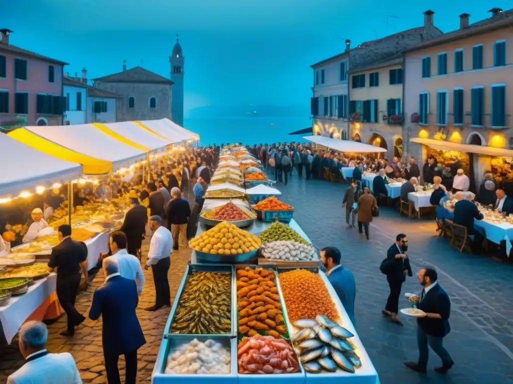 Un festival italiano de mariscos con platos coloridos y bullicio en el mercado, junto al mar