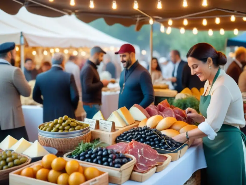 Festival antipasto italiano tradicional: Mercado al aire libre lleno de coloridos puestos con quesos, embutidos y aceitunas, bajo luces brillantes