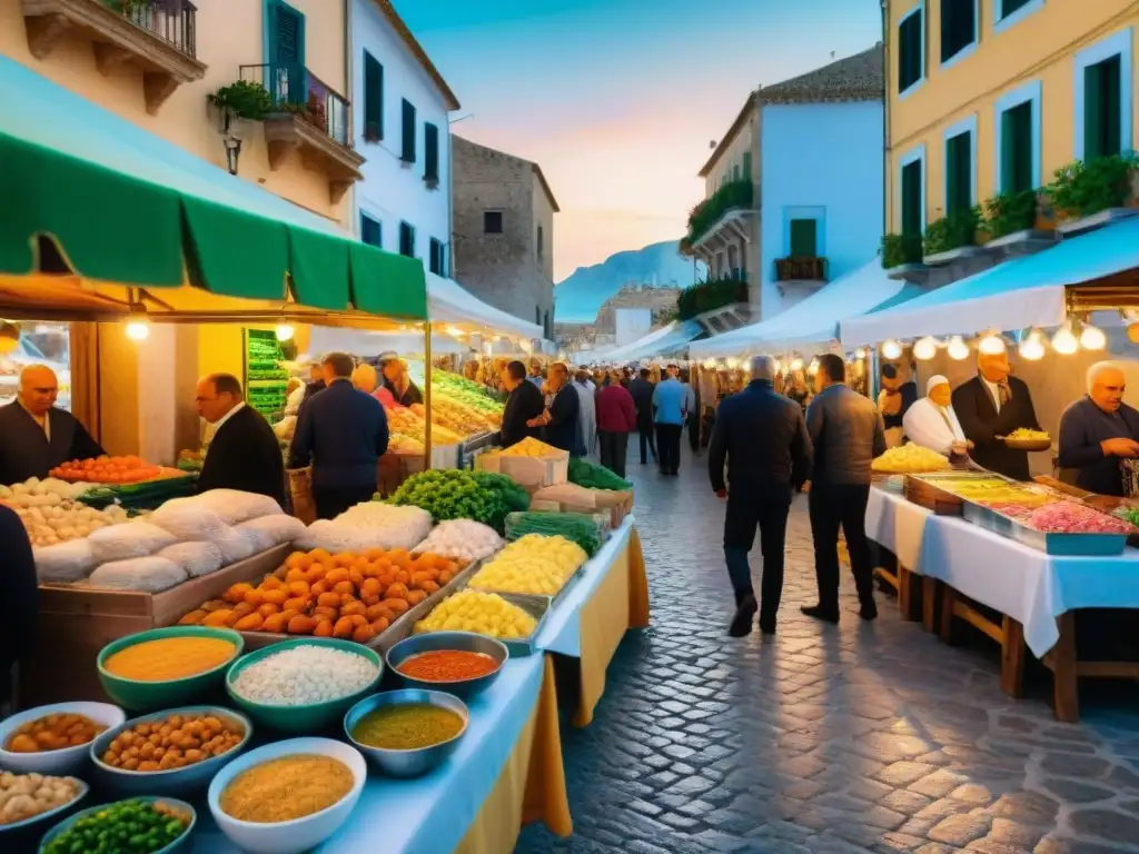 Festival Sopa Pescado San Vito: Mercado bullicioso con mariscos frescos, productos coloridos y arquitectura siciliana