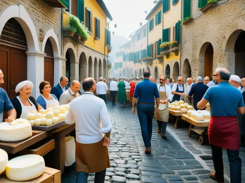 Un festival de mozzarella italiana en un animado pueblo, con locales y turistas disfrutando del queso fresco y la música tradicional