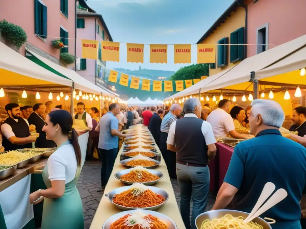 Un festival de pasta italiana lleno de vida y color al atardecer, celebrando el arte culinario en un ambiente festivo