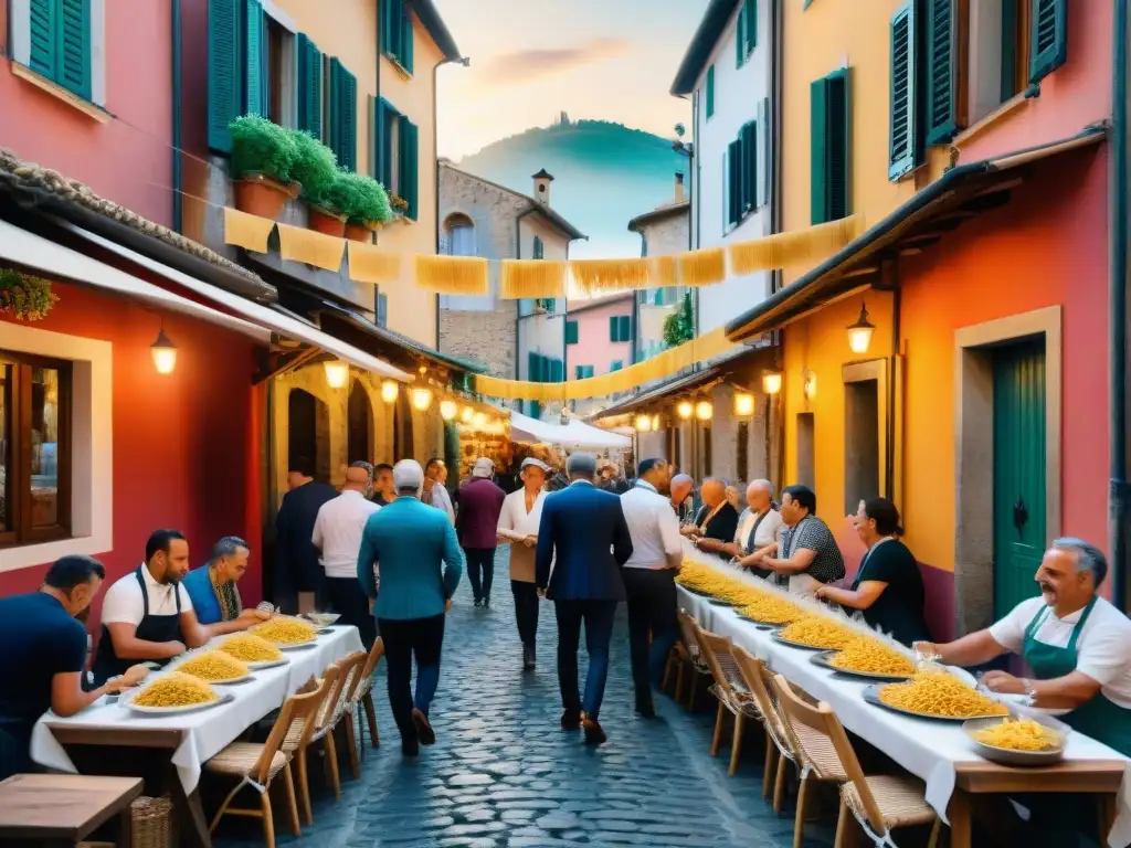 Un festival de pasta italiano lleno de vida, colores y aromas en un pintoresco pueblo