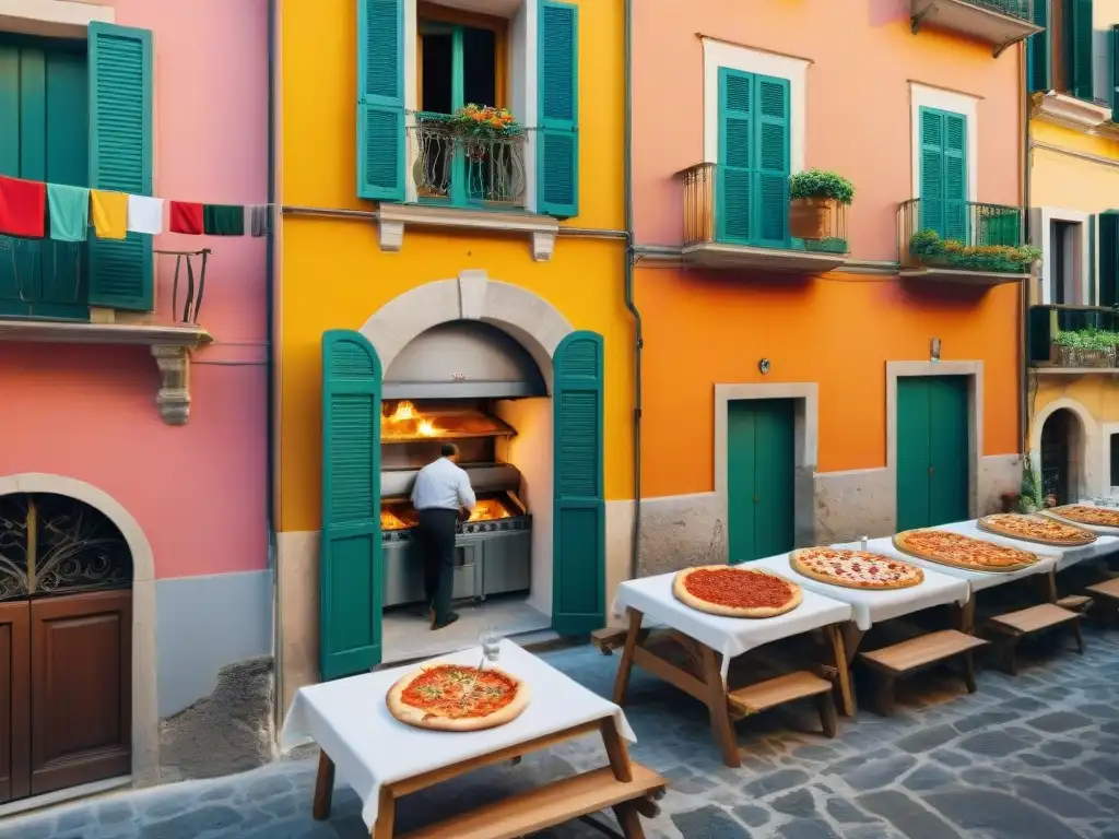 Un festival de pizza en Nápoles con una variedad de sabores y colores, capturando la esencia del sur de Italia