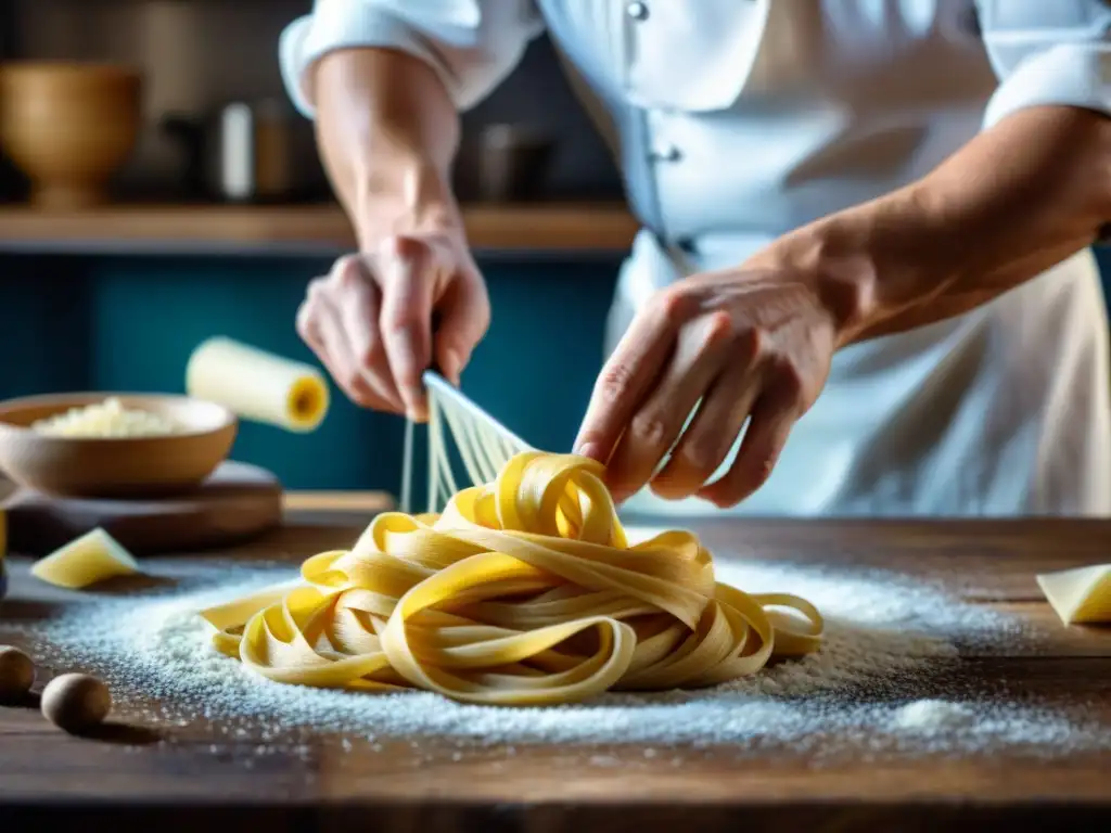 Innovación en festivales de cocina italiana: Chef experto haciendo pasta fresca a mano en una mesa rústica con ingredientes frescos esparcidos