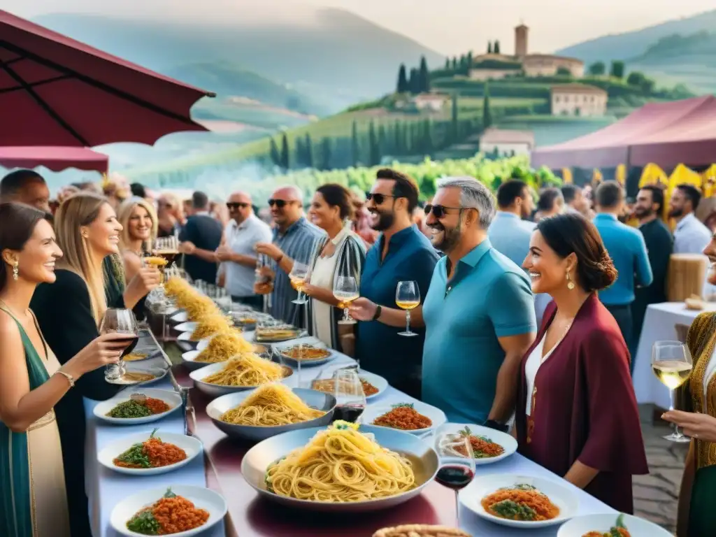 Festivales de cosecha italiana: mesas largas con pasta fresca y vino tinto, rodeadas de festivaleros alegres y viñedos