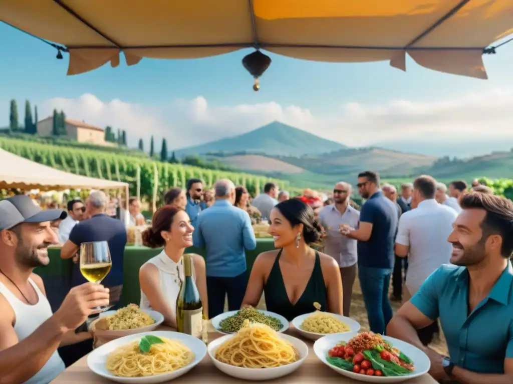 Festival gastronómico en la campiña italiana: sabores, colores y alegría Disfrute de festivales agroturismo gastronómicos en Italia con delicias regionales bajo coloridos toldos mercado y paisaje campestre