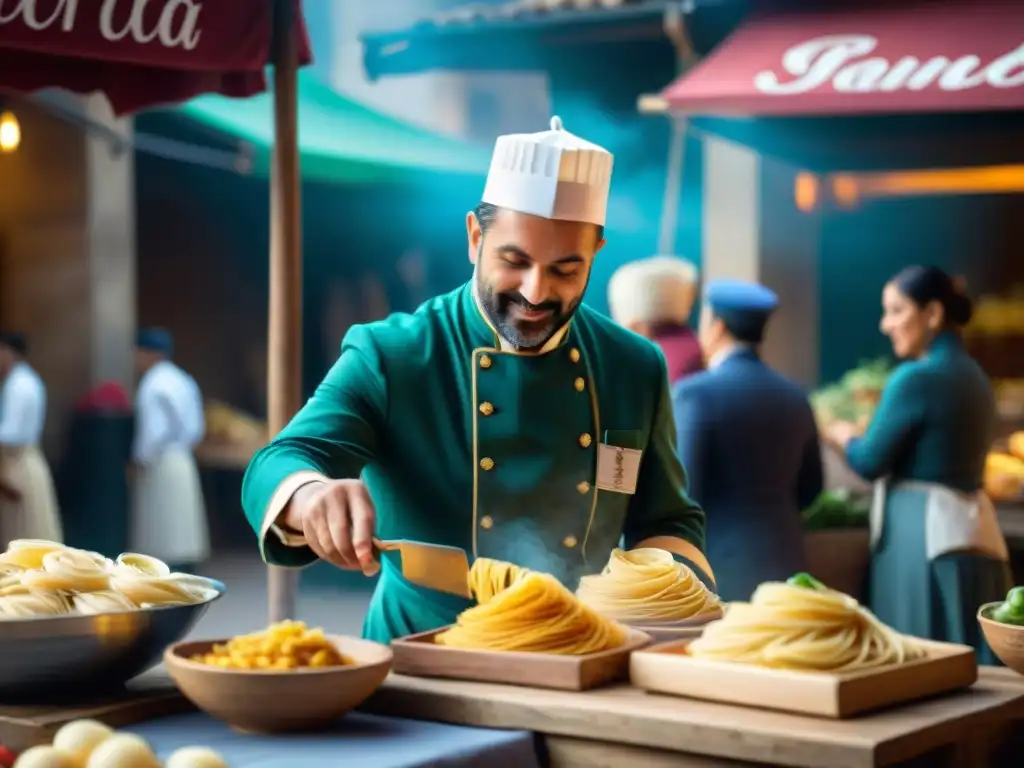 Festivales gastronómicos en Italia: Piazza italiana llena de puestos de comida auténtica y chefs preparando platos tradicionales