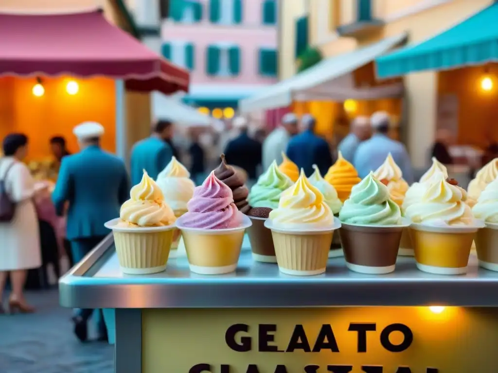 Festivales de gelato italiano tradicionales: bulliciosa plaza con carritos de gelato y sabores como pistacho, stracciatella y tiramisú al atardecer