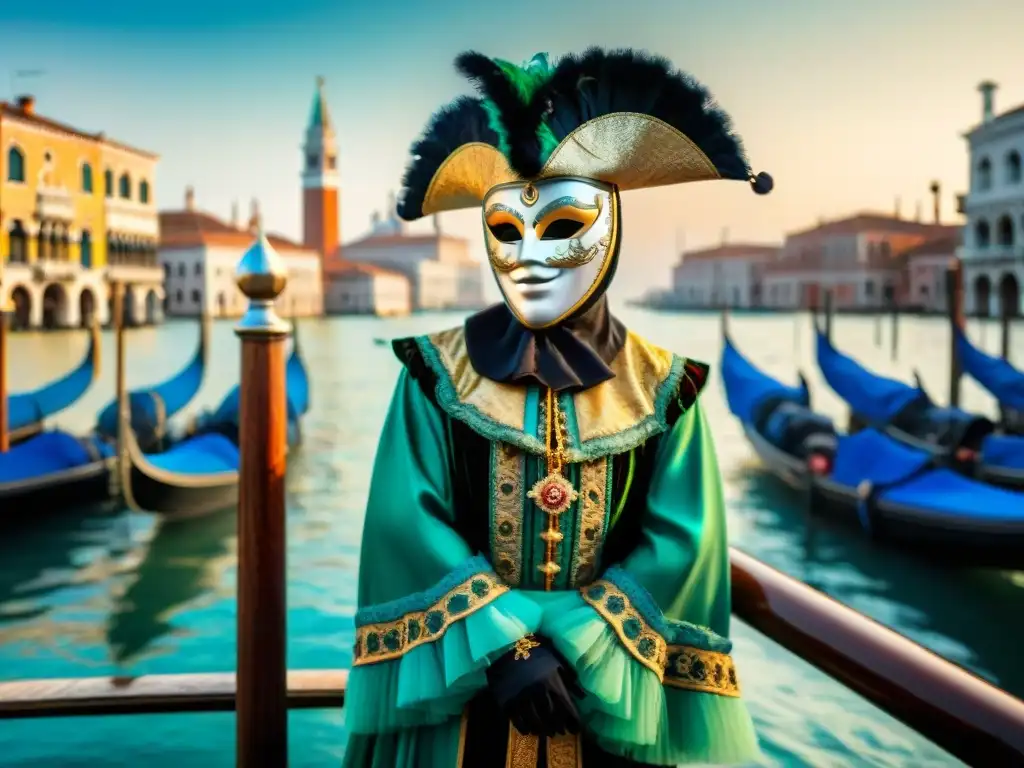 Festivales italianos tradicionales y modernos: Figura enmascarada en el Carnevale di Venezia, con canales venecianos y góndolas al amanecer