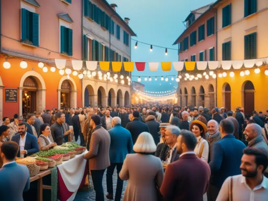 Festivales italianos tradicionales y modernos: Plaza bulliciosa con banderas coloridas, música tradicional y comida callejera auténtica