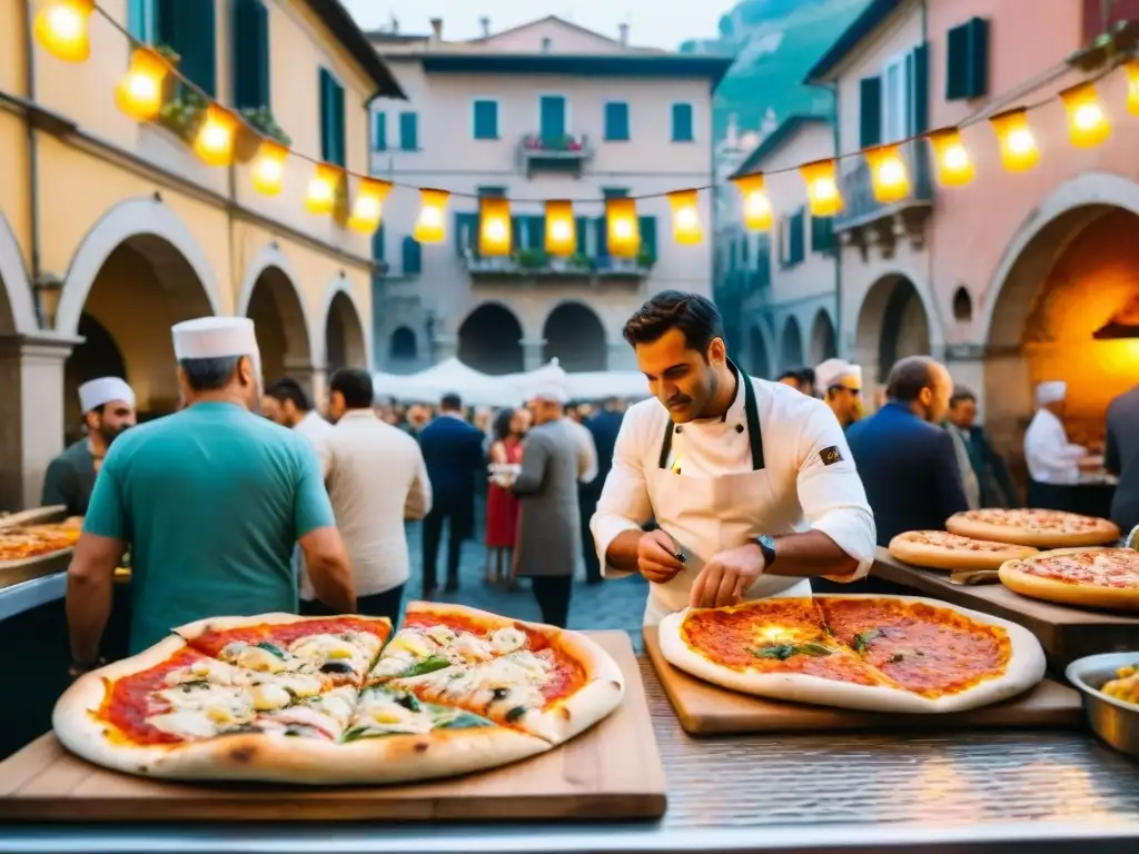 Festivales de pizza en Italia: Plaza bulliciosa en Nápoles con vendedores y variedad de pizzas, luces y ambiente festivo