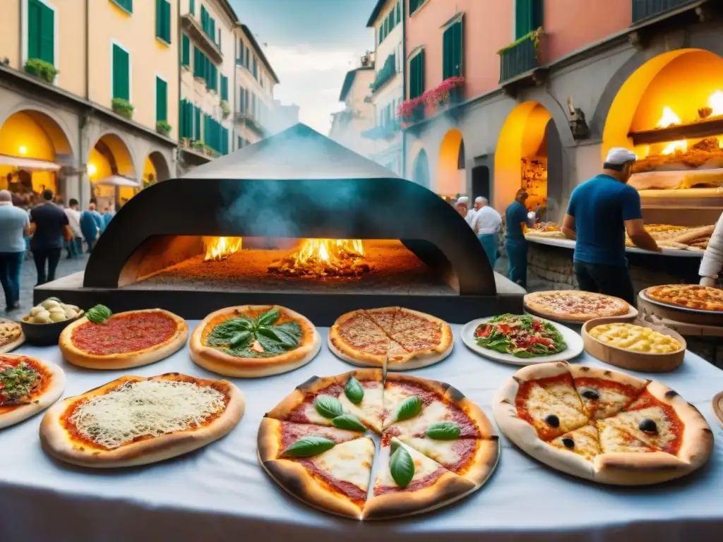 Festivales de pizza en Italia: Multitud disfruta de pizzas en una animada piazza de Nápoles con hornos de leña tradicionales