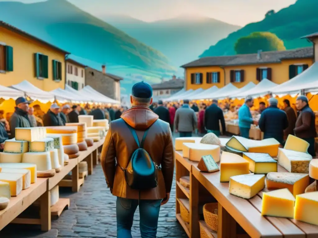 Festivales queseros tradicionales en Italia: Un bullicioso mercado de quesos artesanales en un festival italiano