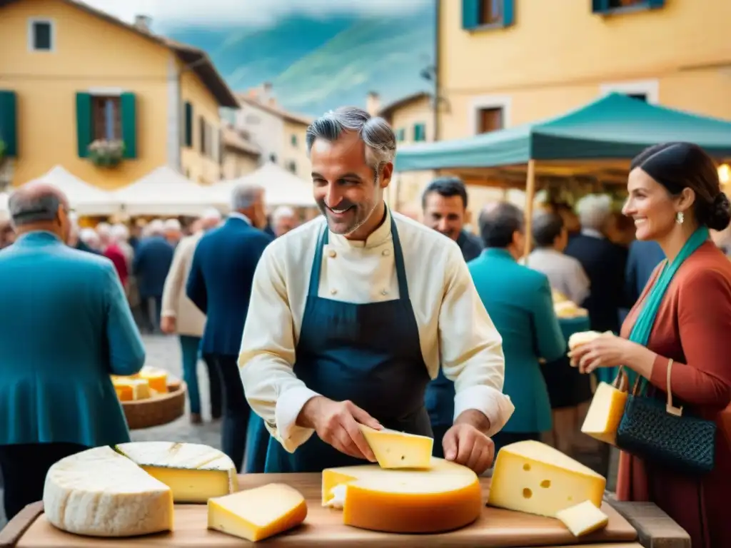 Festivales queseros tradicionales en Italia: Colorido mercado con quesos artesanales y música tradicional en plaza italiana