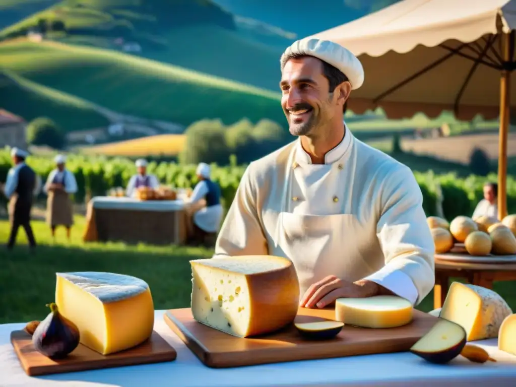 Festivales tradicionales queso Italia: Mesa llena de quesos artesanales, pan, higos y hierbas, con productores locales y paisaje campiña italiana