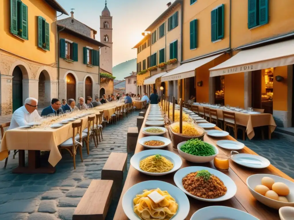 Festividades gastronómicas en el centro de Italia: mesa repleta de platos típicos, locales sonrientes y encantador pueblo italiano al atardecer