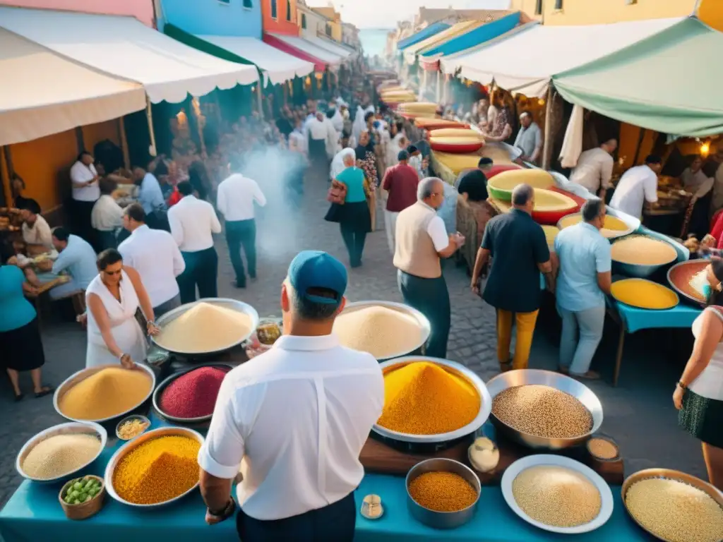 Un festivo Cous Cous Fest Trapani 2021: gente probando platos de todo el mundo en coloridos puestos de comida junto al mar